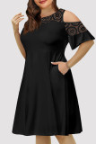 Vestido preto casual sólido patchwork com decote em O e manga curta vestidos tamanho grande