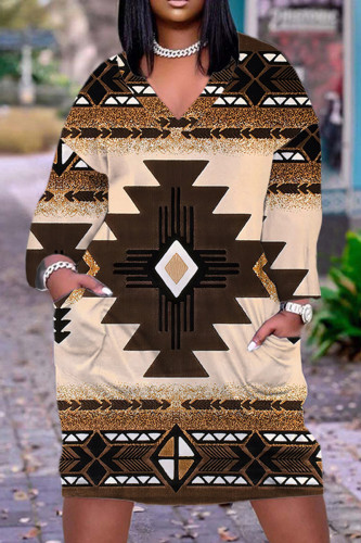 Brown Casual Print Basic V Neck Long Sleeve Dresses