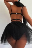 Zwarte sexy effen patchwork doorzichtige driedelige lingerieset zonder rug
