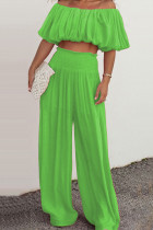Green Casual Solid Backless Off the Shoulder Half Sleeve Two Pieces