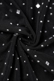 Zwart sexy patchwork heet boren doorzichtige O-hals lange jurkjurken