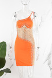 Orange Sexig Patchwork Hot Drilling Genomskinlig rygglös Snedkrage Sling Dress Klänningar