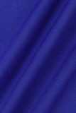 Vestidos casuais patchwork azul royal com decote em O e manga comprida