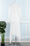 Witte sexy casual effen uitgeholde asymmetrische coltrui-jurken met lange mouwen
