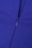 Königsblaue, lässige Patchwork-Kleider mit O-Ausschnitt und langen Ärmeln