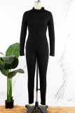 Black Casual Solid Slit Turtleneck Long Sleeve Two Pieces