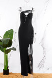 Черное сексуальное однотонное длинное платье с открытой спиной и разрезом на бретельках