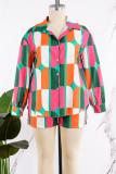 Colletto della camicia patchwork con stampa casual verde Plus Size Due pezzi