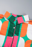 Col de chemise patchwork imprimé décontracté vert grande taille deux pièces