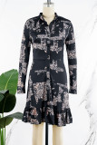 Svarta Casual Print Patchwork V-hals långärmade klänningar