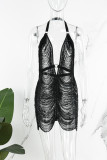 Черное сексуальное однотонное платье в стиле пэчворк с открытой спиной и лямкой на шее без рукавов Платья