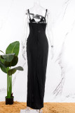 Черное сексуальное однотонное длинное платье с открытой спиной и разрезом на бретельках