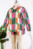 Green Casual Print Patchwork Shirt Collar Plus Size Two Pieces