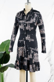 Svarta Casual Print Patchwork V-hals långärmade klänningar