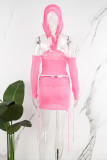Pink Sexy Solid Backless Hooded Collar Sleeveless Two Pieces