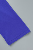 Koningsblauw casual patchwork jurken met contrasterende O-hals en lange mouwen