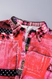 Rode casual print patchwork kraag met lange mouwen en grote maten jurken