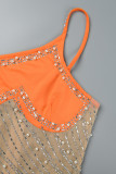 Oranje sexy patchwork hete boren doorzichtige backless schuine kraag sling jurk jurken