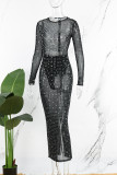 Черные сексуальные лоскутные прозрачные платья с длинным рукавом и круглым вырезом