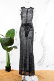 Vestido largo transparente con cuello en O transparente con perforación en caliente y retazos sexy negro