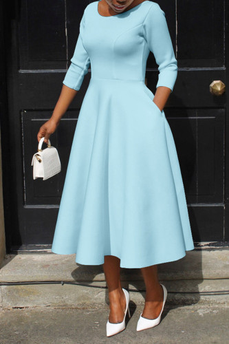 Blauwe casual elegante effen patchwork O-hals A-lijn jurken
