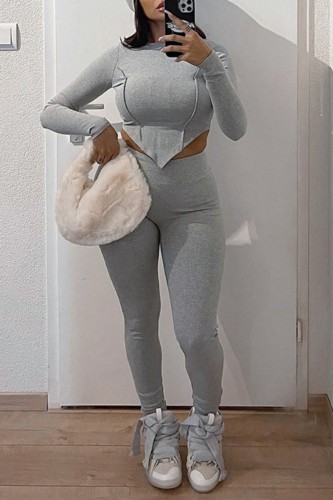 Grey Casual Solid Patchwork Asymmetrical O Neck Long Sleeve Two Pieces
