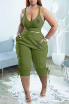 Army Green Sexy Print Letter V Neck Sleeveless Two Pieces Tank Crop Tops And Short Set
