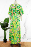 Green Celebrities Elegantes Urlaubsmuster mit Patchwork-Frenulum, rückenfrei, Reißverschluss, V-Ausschnitt, bedrucktes Kleid