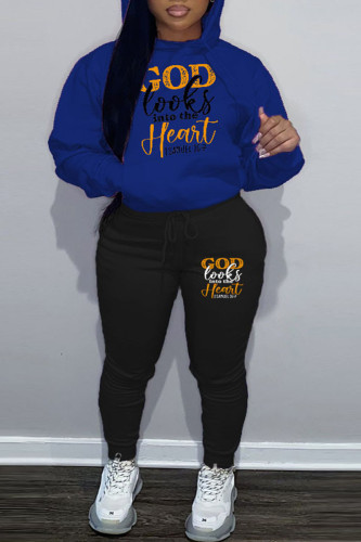 Blue Casual Letter Print Long Sleeve Hooded Collar Sweatshirt And Pants Sportwear Plus Size Two Piece Jogger Set