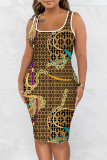 Золотистое повседневное платье с принтом и U-образным вырезом Жилет Платья Платья