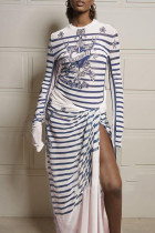 Темно-синий винтажный национальный тотем в полоску в стиле пэчворк с разрезом уздечки и принтом с круглым вырезом и длинным рукавом из двух частей