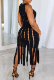 Black Sexy Casual Daily Solid Pierced Tassel Burn-out O Neck Wrapped Skirt Dresses