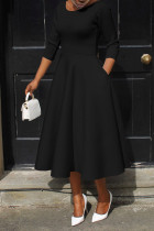 Schwarze, lässige, elegante, solide Patchwork-Kleider mit O-Ausschnitt und A-Linie