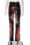 Pantalon décontracté à imprimé tie-dye et pompon, slim, taille haute, imprimé complet conventionnel, orange