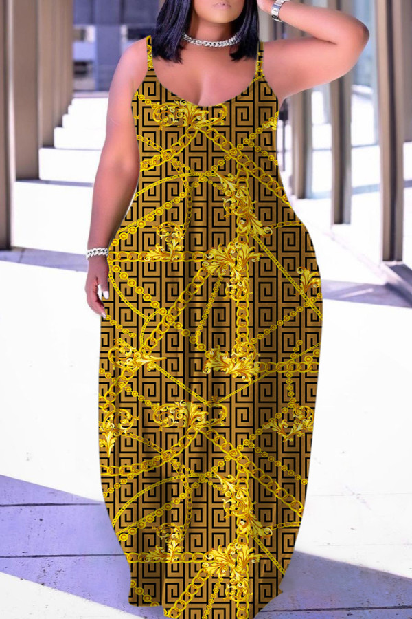 Gold Sexy Casual Print rückenfreies langes Kleid mit Spaghettiträgern