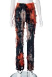 Oranje casual skinny tie-dye kwastje met hoge taille conventionele broek met volledige print