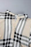 Zwarte elegante geruite geometrische gestreepte bandage patchwork gesp bedrukte overhemdkraag bedrukte jurkjurken