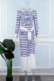 Темно-синий винтажный национальный тотем в полоску в стиле пэчворк с разрезом уздечки и принтом с круглым вырезом и длинным рукавом из двух частей