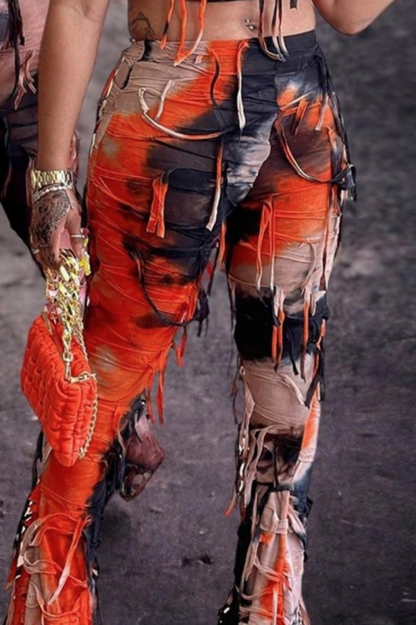 Oranje casual skinny tie-dye kwastje met hoge taille conventionele broek met volledige print