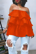 Tangerine Red Casual Street Solid Patchwork Backless Off the Shoulder Tops