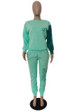 Cyan Casual Letter Geometric Embroidered Patchwork O Neck Long Sleeve Two Pieces