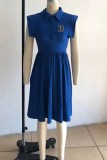 Blue Casual Print Letter Turndown Collar Pleated Dresses