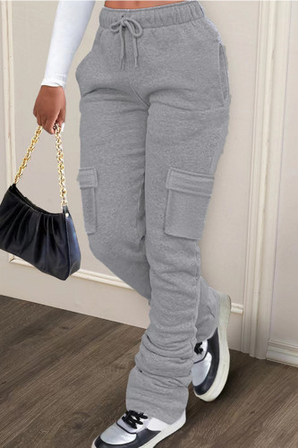 Light Gray Casual Solid Patchwork Draw String Pocket Straight Mid Waist Straight Solid Color Bottoms