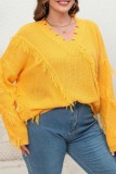 Yellow Casual Solid Tassel V Neck Plus Size Tops