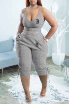 Grey Sexy Print Letter V Neck Sleeveless Two Pieces Tank Crop Tops And Short Set
