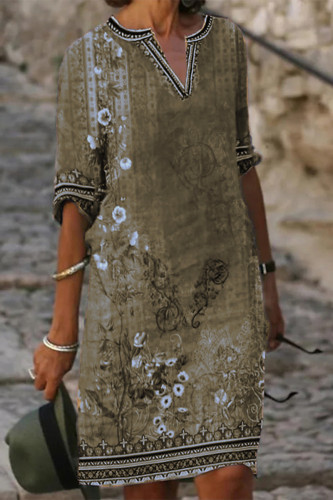 Khaki Casual Bohemian Print O Neck Short Sleeve Dress Dresses