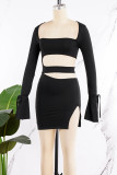 Zwarte sexy straat effen uitgeholde patchwork split U-hals schede jurken