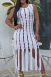 White Sexy Casual Daily Solid Pierced Tassel Burn-out O Neck Wrapped Skirt Dresses