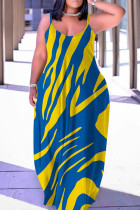 Синее желтое сексуальное повседневное длинное платье с открытой спиной и бретельками с принтом
