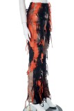 Apricot Casual Print Tie Dye Tassel Skinny High Waist Conventional Full Print Trousers
